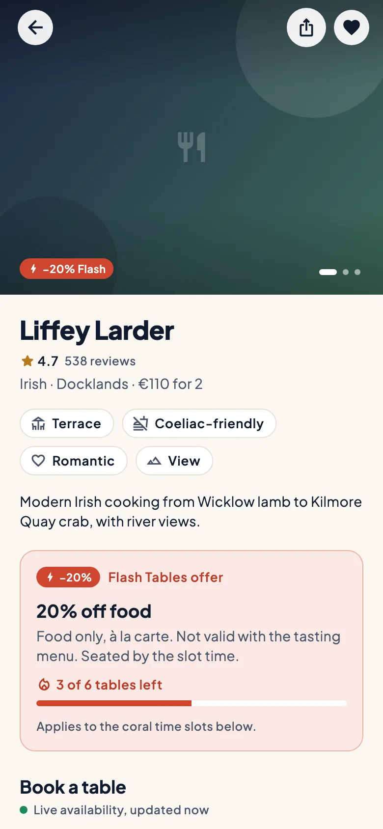 A restaurant page with a Flash Tables offer: 20% off food, its terms and 3 of 6 tables left